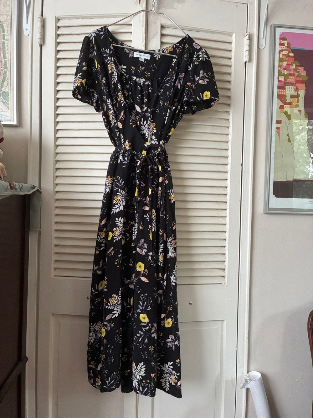 Amour Very Black Floral Silk Midi Wrap Dress
